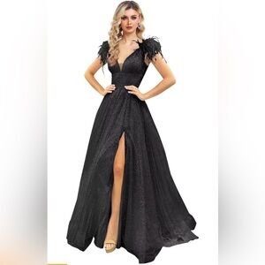 Black sequin prom- wedding ball gown with  feathers on shoulder